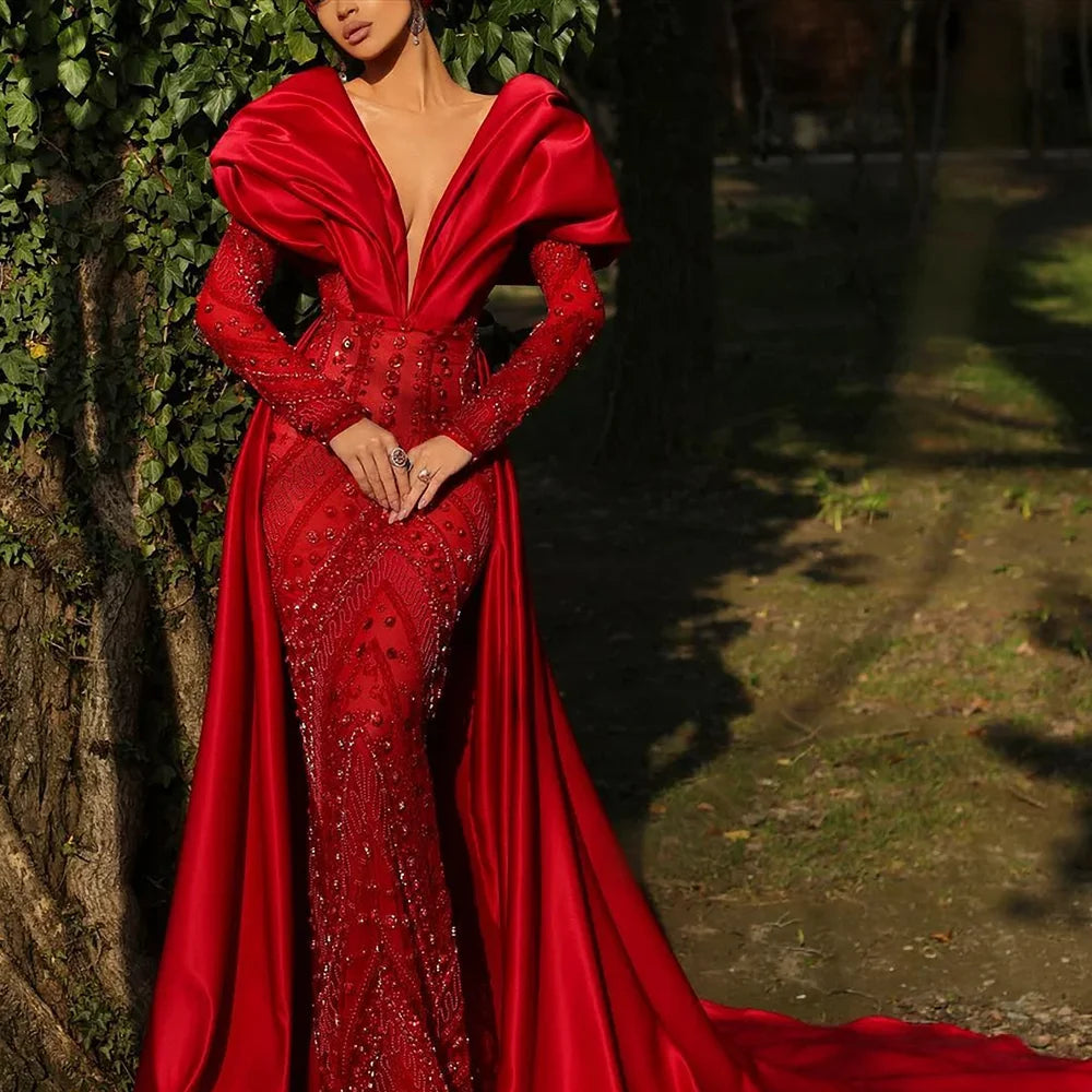 Luxury Evening Dresses 2023 Red Fashion V-Neck Long Sleeves Mermaid Gowns Elegant Crystal Beads Sweep Train Prom Party Dress