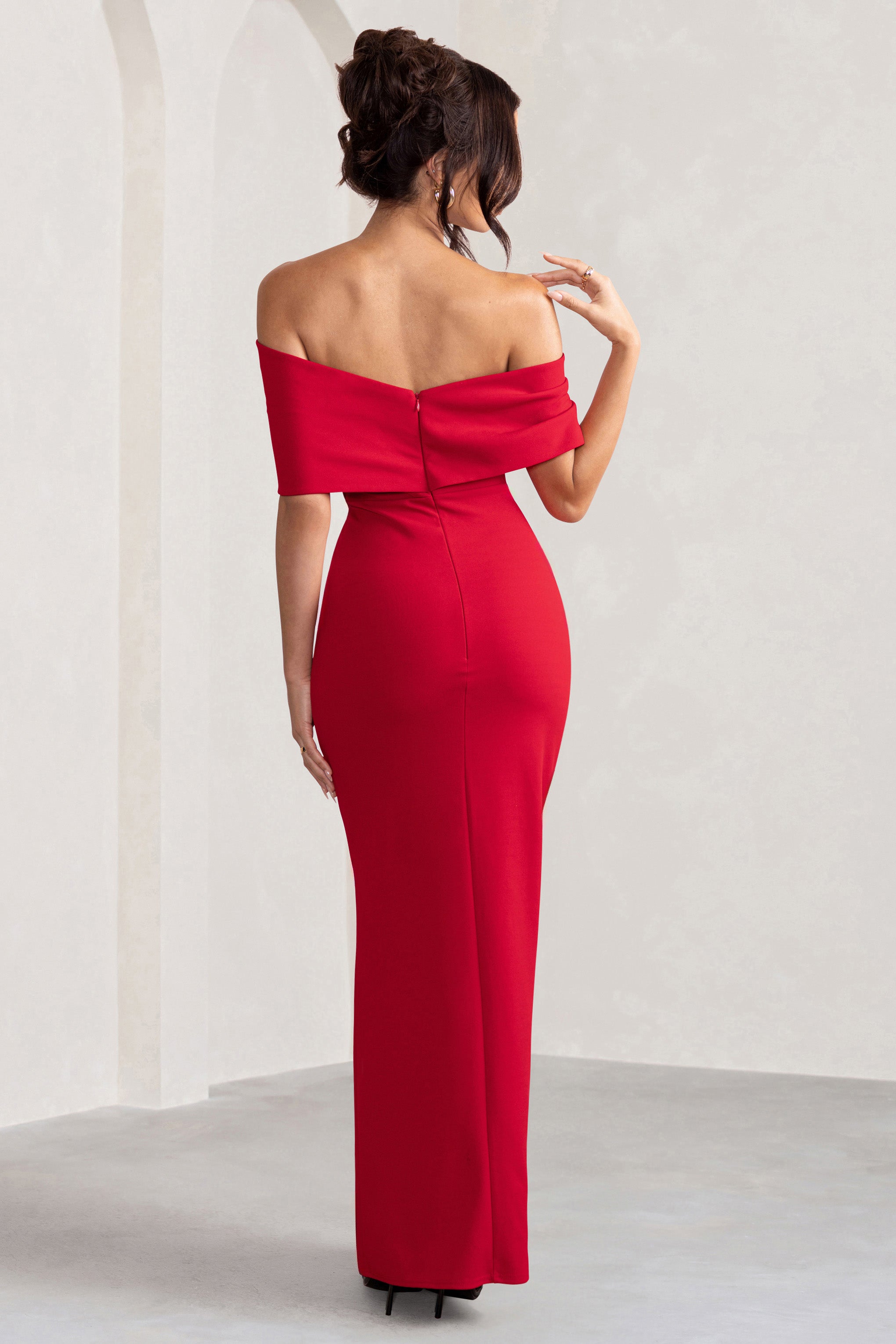 Duglam® | Red Bardot Bow Detail Maxi Dress With Thigh Split