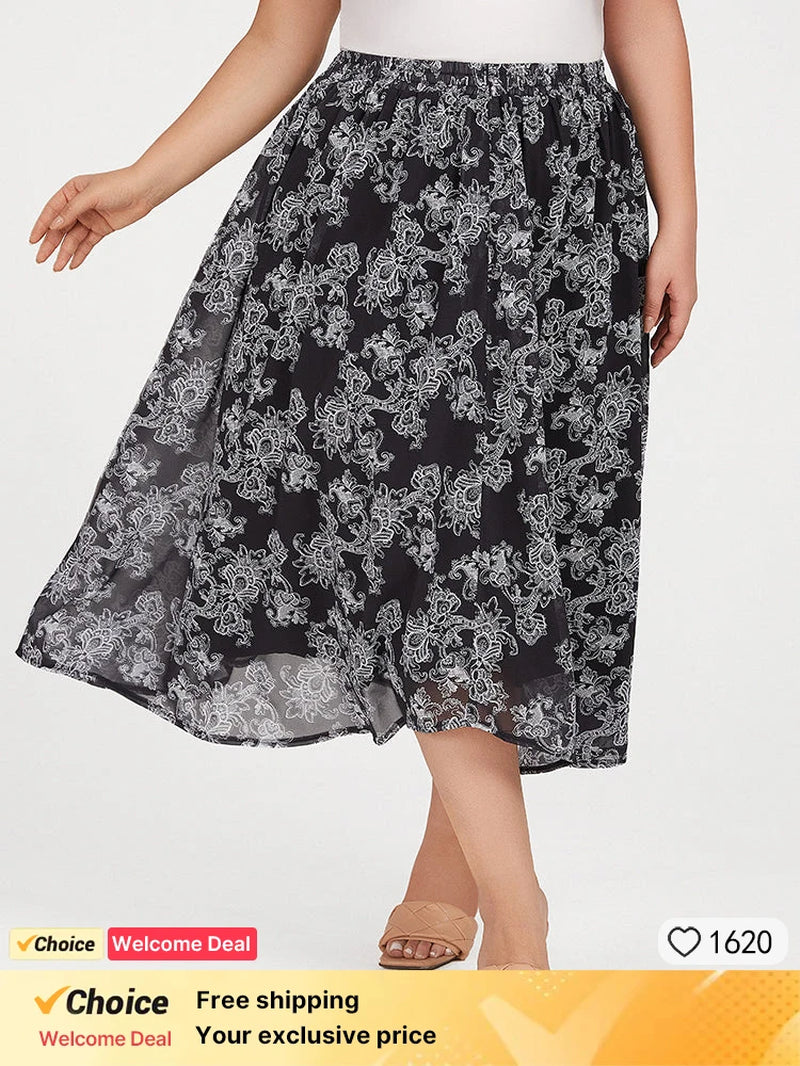 Plus Sized Clothing Women Black Floral Elastic Waist Skirt Spring Summer Slim Long A-Line Flower Skirts Ladies Clothing