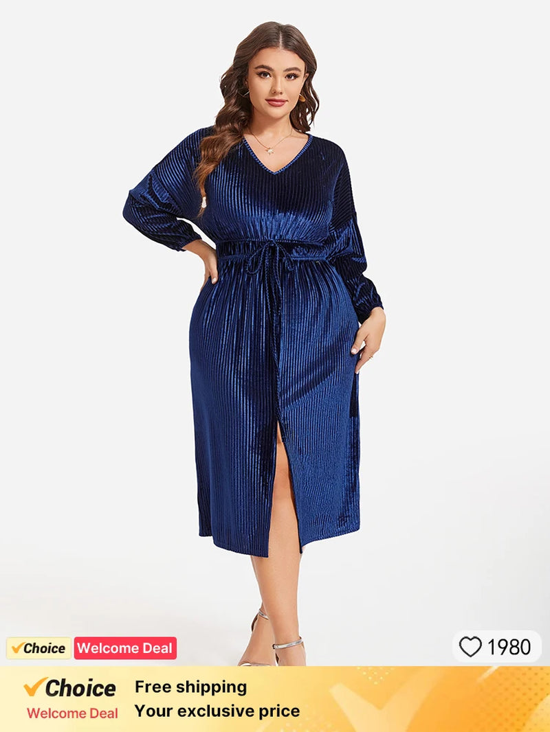 Plus Sized Clothing Navy Blue Elegant Velvet Dress V Neck Long Sleeve Drawstring Waist Split Fashion Long Sleeve Midi Dress