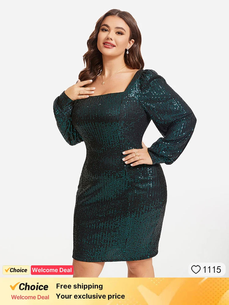 Plus Sized Clothing New Fashion Summer Green Square Neck Puff Sleeve Sequin Dress Sexy Party Wedding Large Female Evening Dress