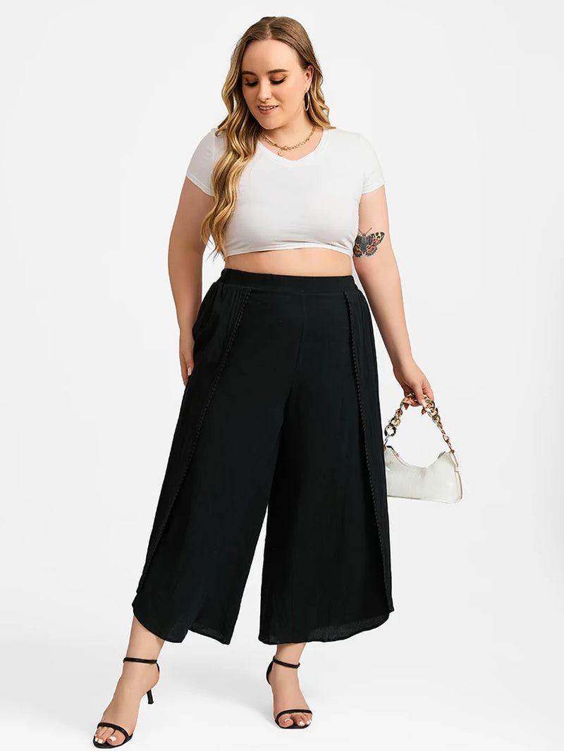 Plus Sized Clothing Women'S Solid Black High Elastic Waist Lace Patchwork Wide Leg Pants Loose Fit Casual Fashion Trousers