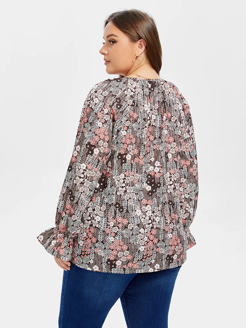 Floral Print Plus Size Tie Neck Flounce Sleeve Blouse - Elegant Women's Shirt and Blouse for 2024