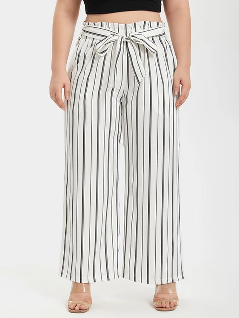 Plus Sized Clothing Women'S Stripe High Waist Wide Leg Belted Pants with Pockets Summer Thin Loose Casual Pants Long Trousers