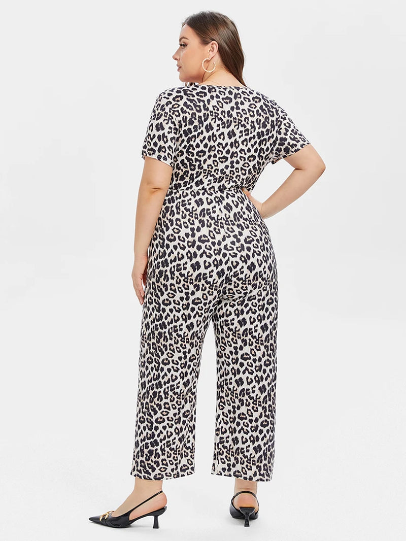 Plus Sized Clothing Women Fashion Leopard Print V-Neck Jumpsuit Short Sleeve V-Neck Slim Straight Rompers
