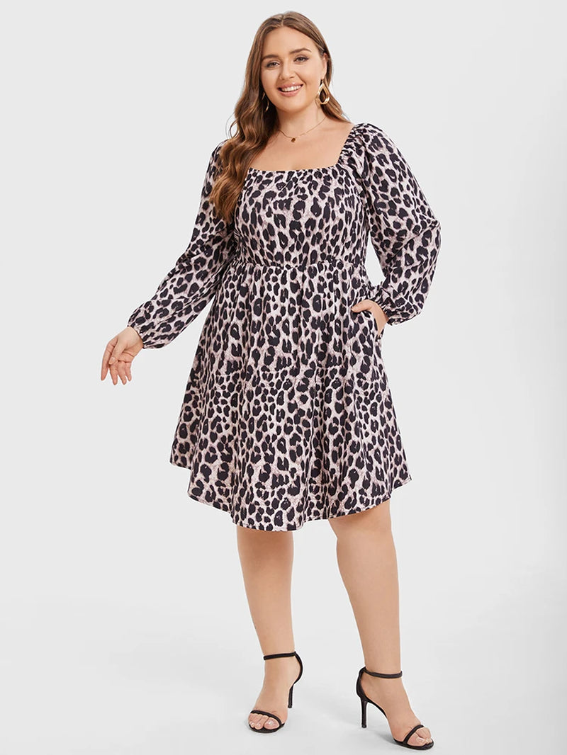 Plus Sized Clothing Summer New Women'S Fashion Casual Dresses Leopard Print Leopard Print Square Neck Belted Midi Dress