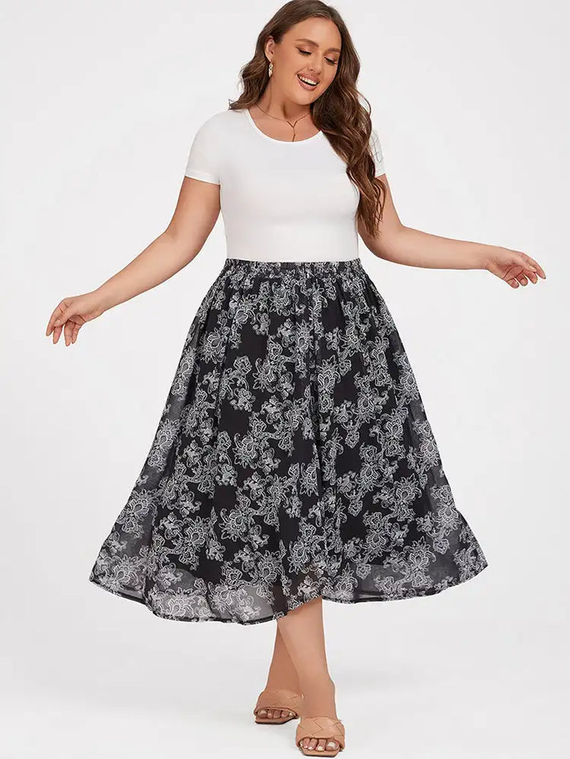 Plus Sized Clothing Women Black Floral Elastic Waist Skirt Spring Summer Slim Long A-Line Flower Skirts Ladies Clothing