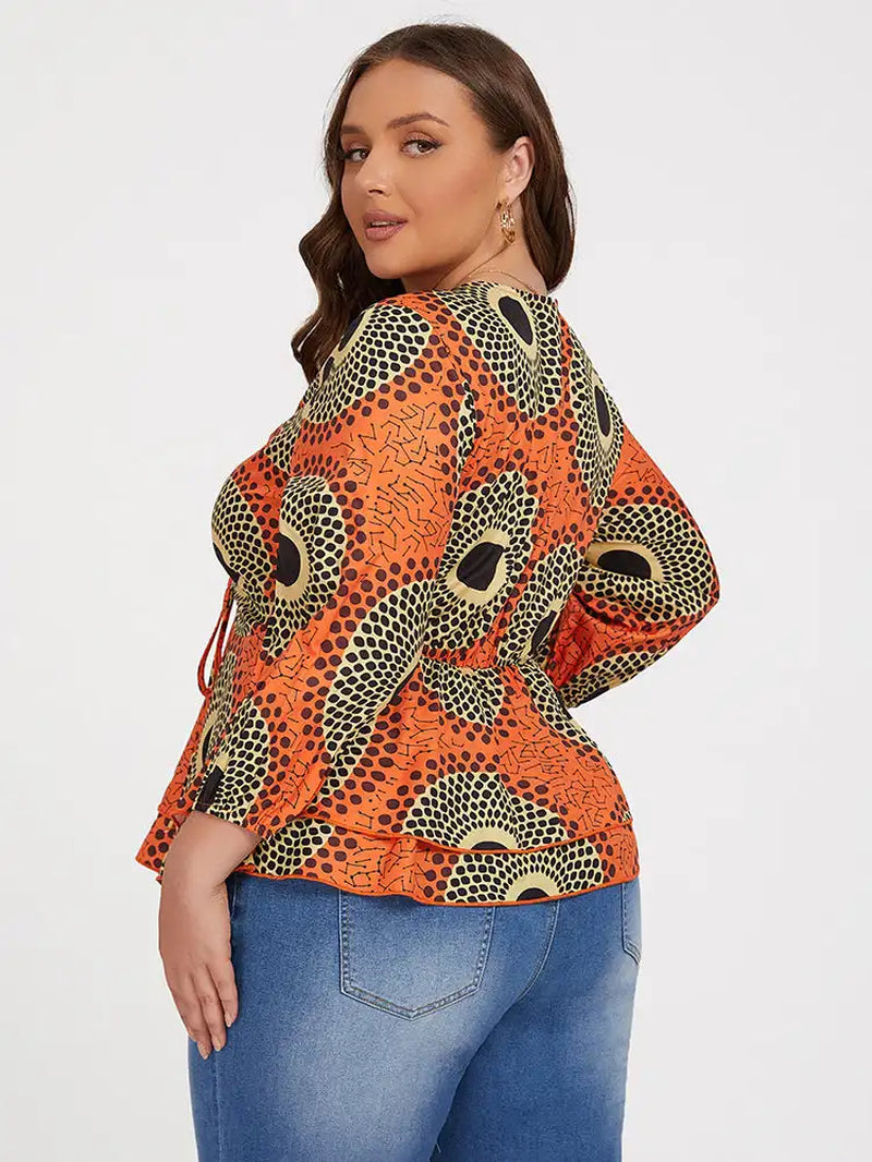 Orange Tropical Print Plus Size Bohemian V-Neck Long Sleeve Blouse