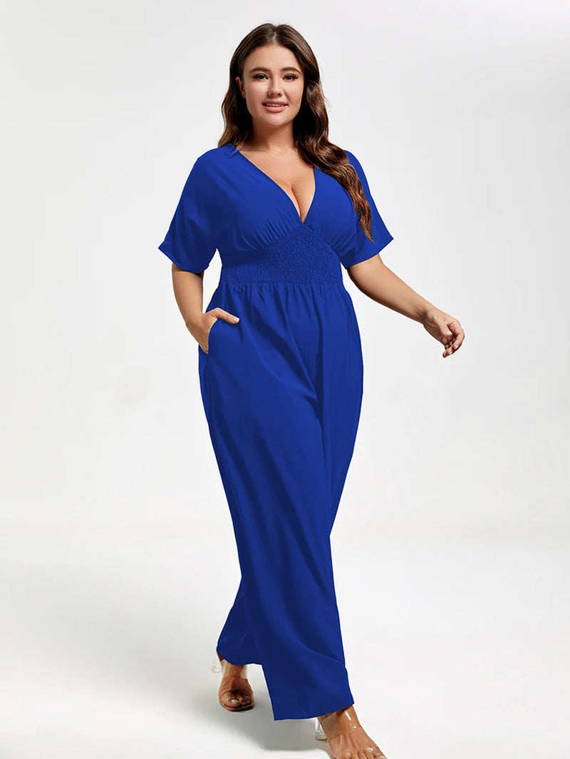 Plus Sized Clothing Sapphire Shirred Waist Tie Back Dolman Sleeve Jumpsuit with Pockets Women Casual Wide Leg Pants Jumpsuit