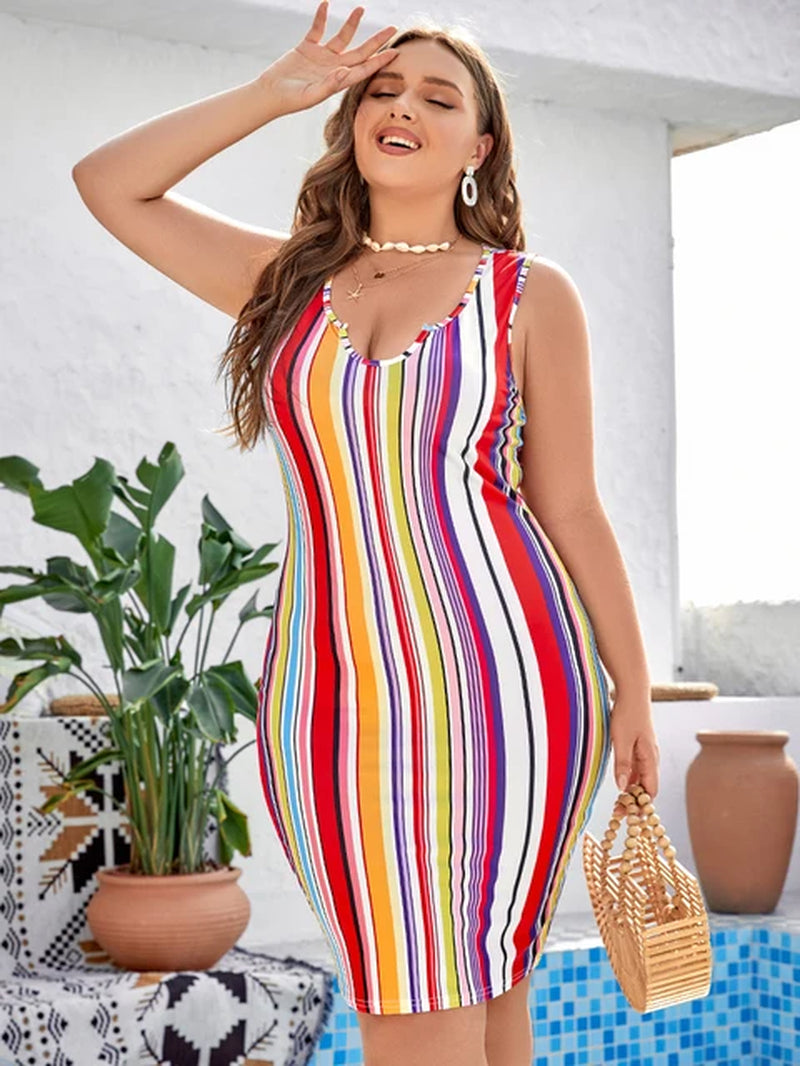 Plus Sized Clothing Women Colorblocked Striped Sleeveless V-Neck Bodycon Dress Summer Casual Slim Fit Street Sundress