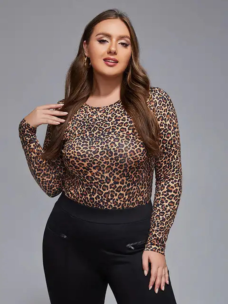 Women's Plus Size Leopard Print Round Neck Long Sleeve Blouse