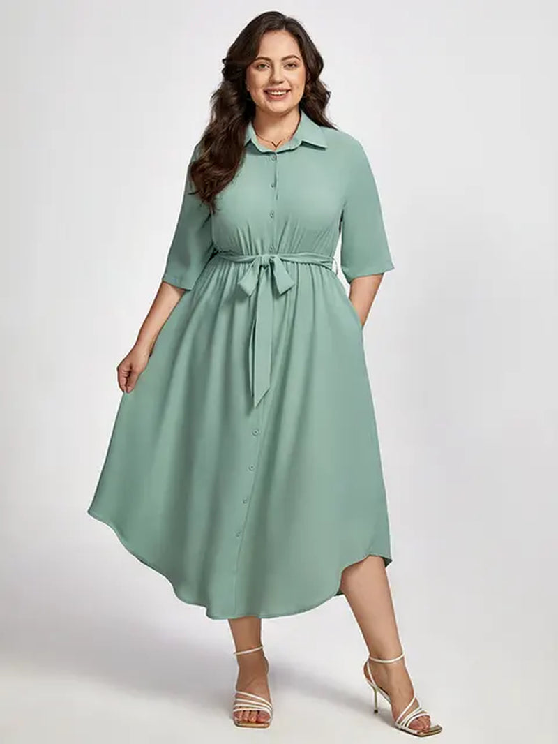 Plus Sized Clothing Elegant Office Dress for Women Solid Button Front Belt Waisted a Line Mid Calf Business Work Midi Dress