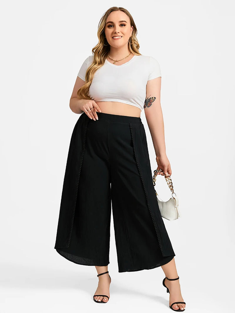 Plus Sized Clothing Women'S Solid Black High Elastic Waist Lace Patchwork Wide Leg Pants Loose Fit Casual Fashion Trousers
