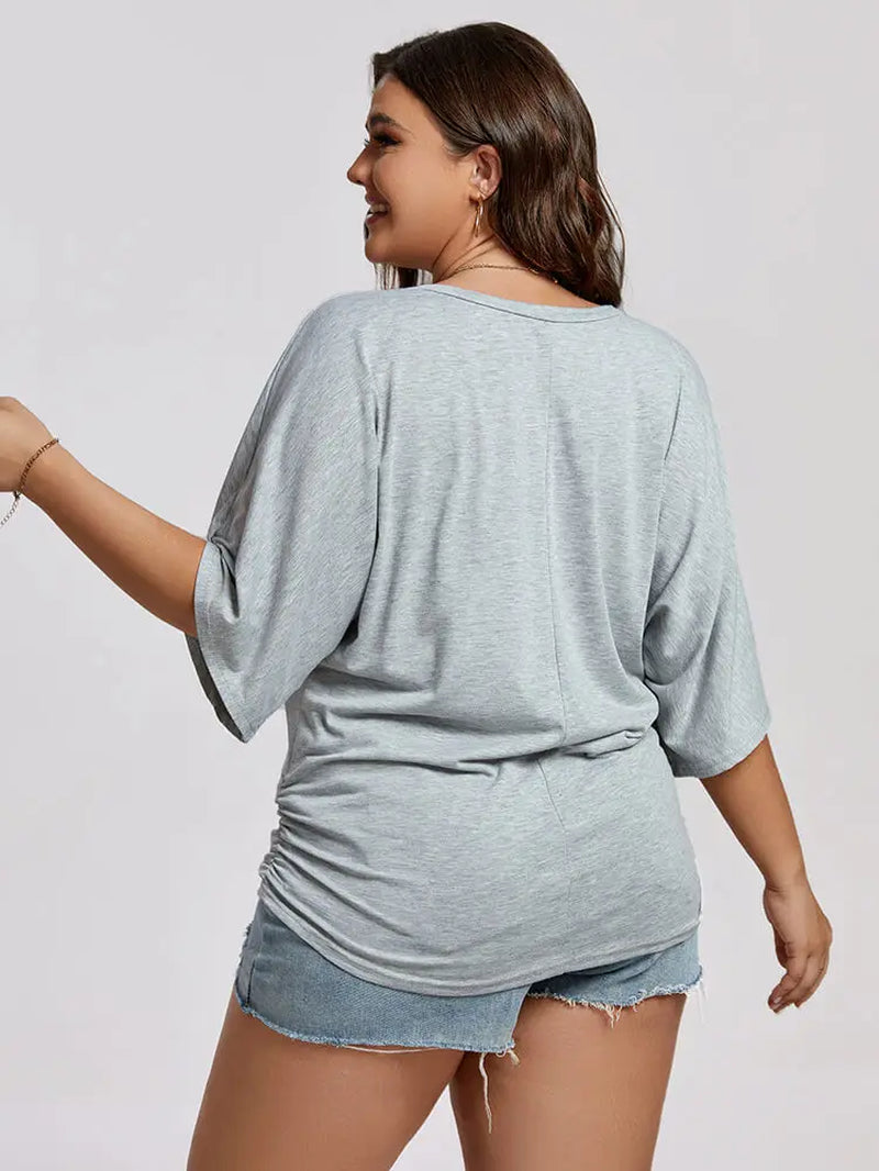 Women's Plus Size Cotton Ruched Batwing Sleeve V-Neck Short Sleeve Tee