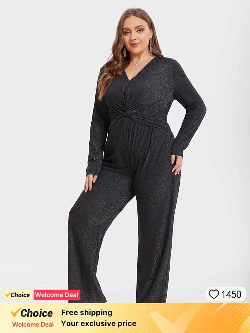 Plus Sized Clothing Women Casual Long Sleeve V-Neck Twist Front Glitter Jumpsuit Solid Color Fashion Ladies Wide Leg Rompers