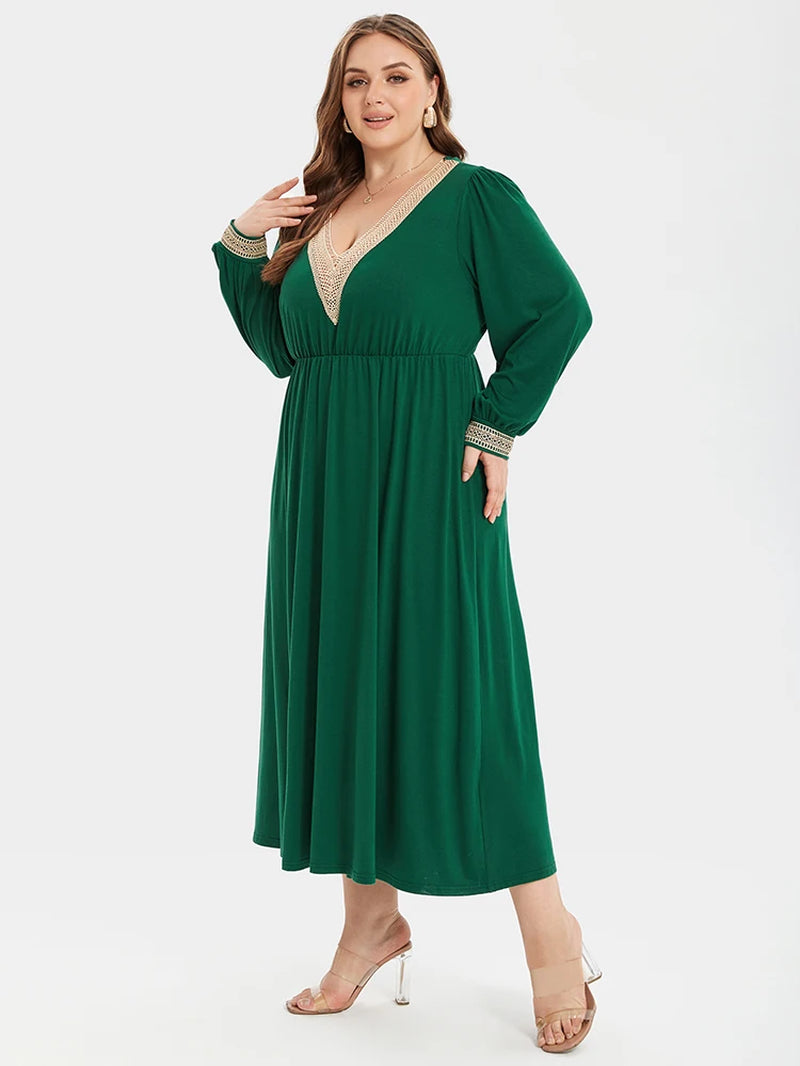Plus Sized Clothing Solid Casual Eyelet Lace V-Neck Ruched Long Sleeve Maxi Dress Waist Party Dress 2024 Fashion Maxi Dress