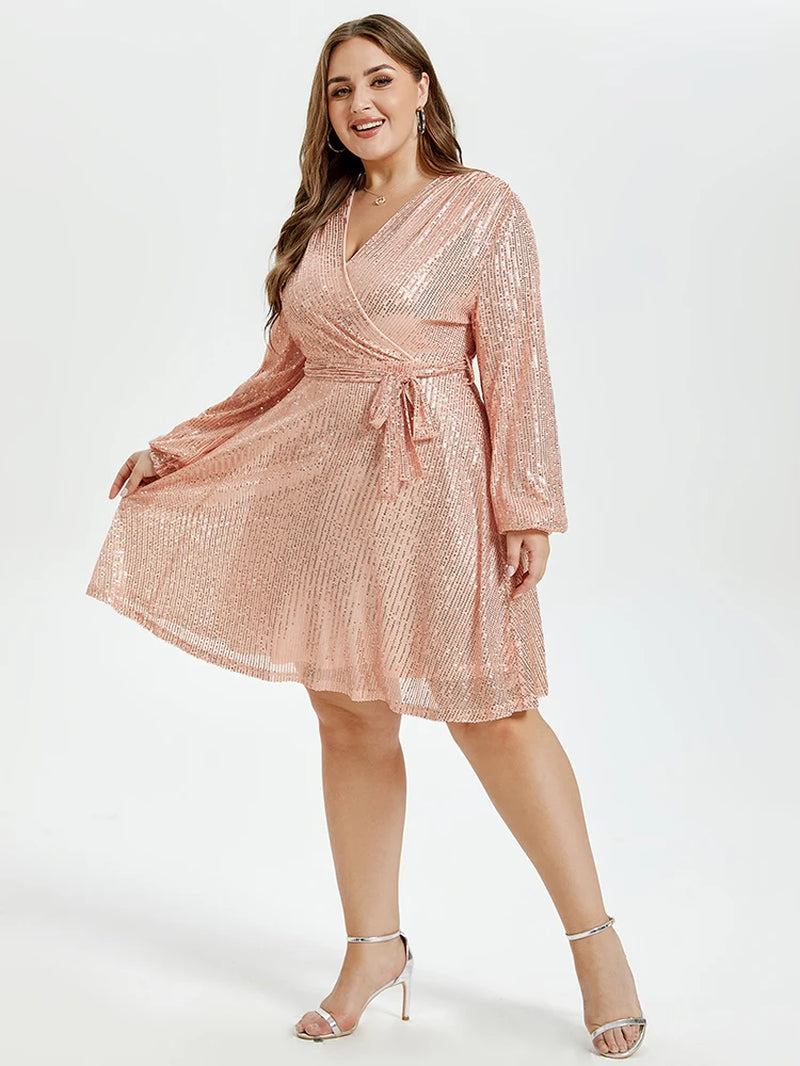 Plus Sized Clothing Sequin Wrap Dress Sexy V Neck Lantern Sleeve Belted Party Dresses Nightclub Outfits Short Dress
