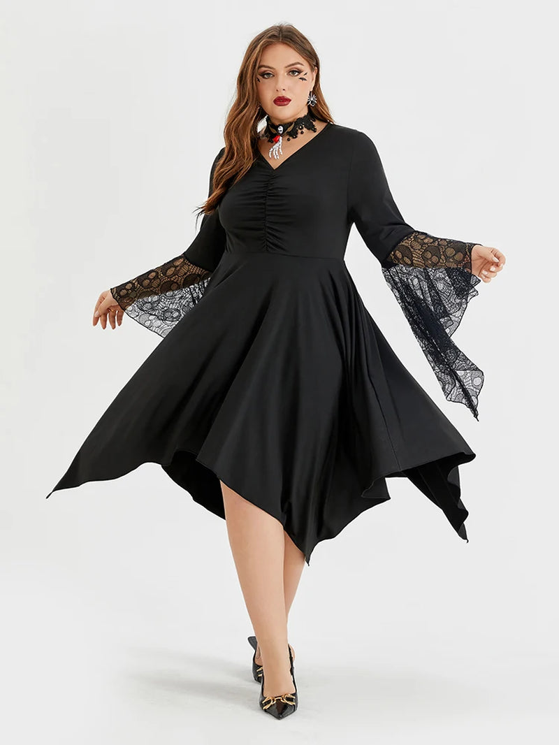 Plus Sized Clothing Halloween Skeleton Gothic Party Dress up Lace Asymmetrical Hem Long Sleeve Falre Sleeve V Neck Midi Dress