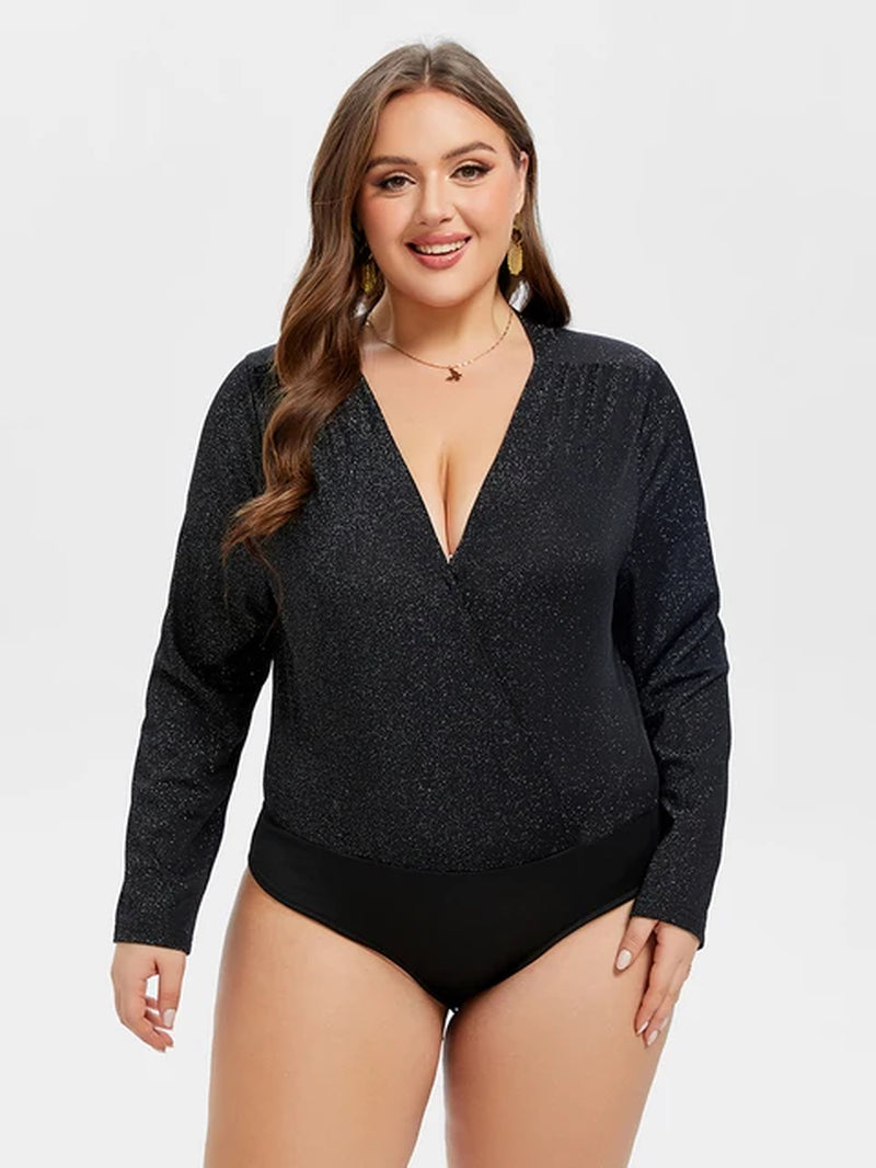 Plus Sized Clothing Women Party Rompers Spring Long Sleeve V Neck Fashion Bodycon Female Summer Sexy Black Glitter Bodysuit