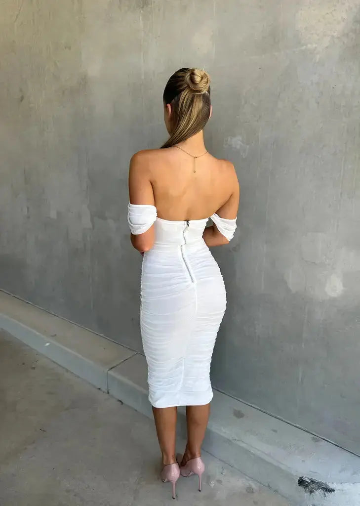 Chloë Bodycon Midi Dress White Off-Shoulder Ruffled Dress Figure-Hugging for Festive Occasions Women