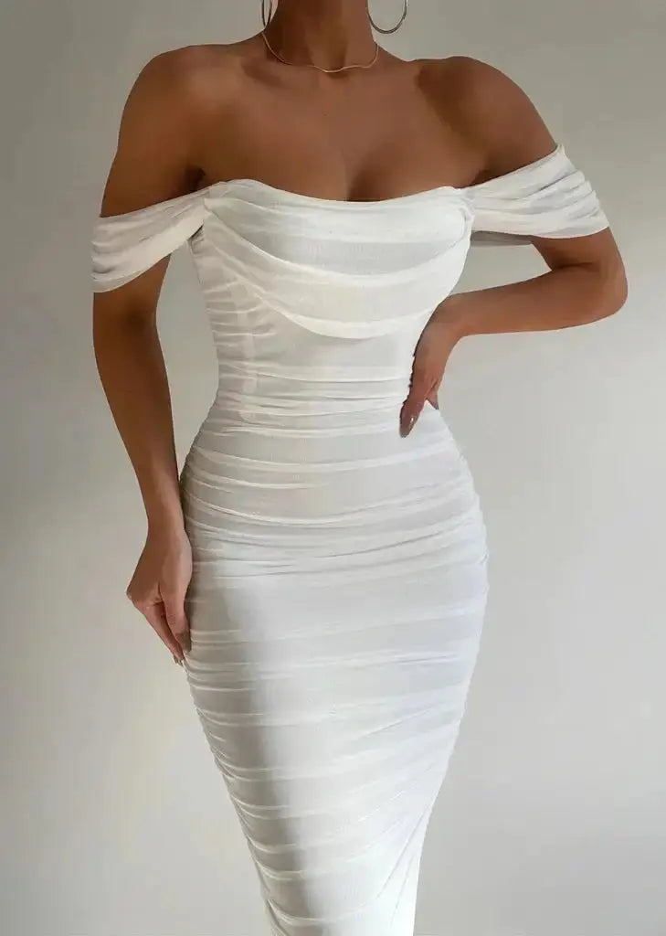 Chloë Bodycon Midi Dress White Off-Shoulder Ruffled Dress Figure-Hugging for Festive Occasions Women