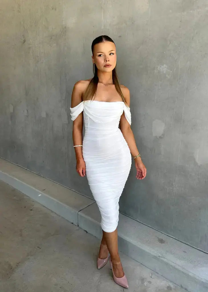Chloë Bodycon Midi Dress White Off-Shoulder Ruffled Dress Figure-Hugging for Festive Occasions Women